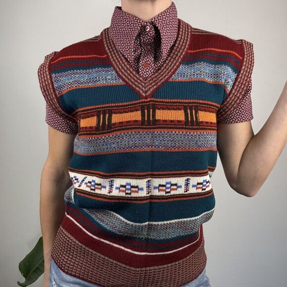 Vintage 70s 80s Knit Sweater Vest Southwestern Aztec Geometric Pattern - Picture 11 of 11